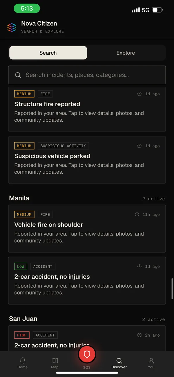 Search and explore screen listing incidents grouped by city