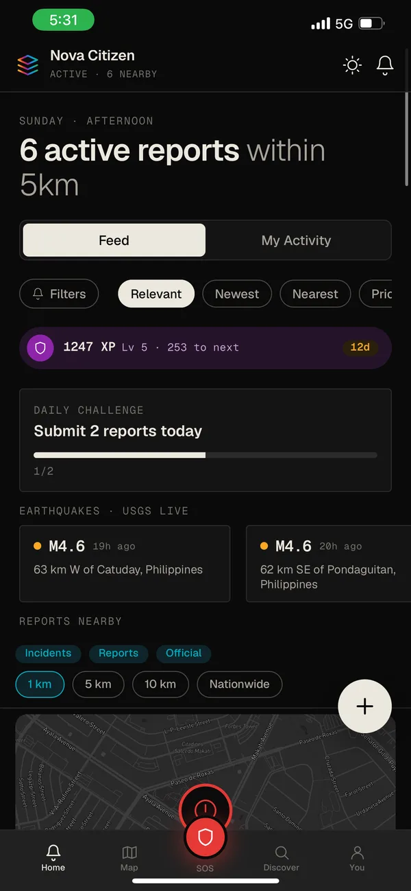 Nearby incident feed listing active reports and live USGS earthquake bulletins