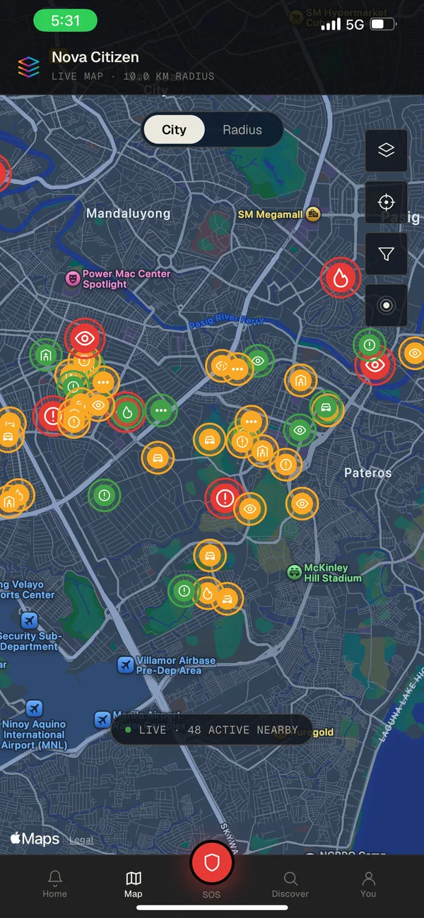 Nova Citizen live incident map showing color-coded reports across Metro Manila
