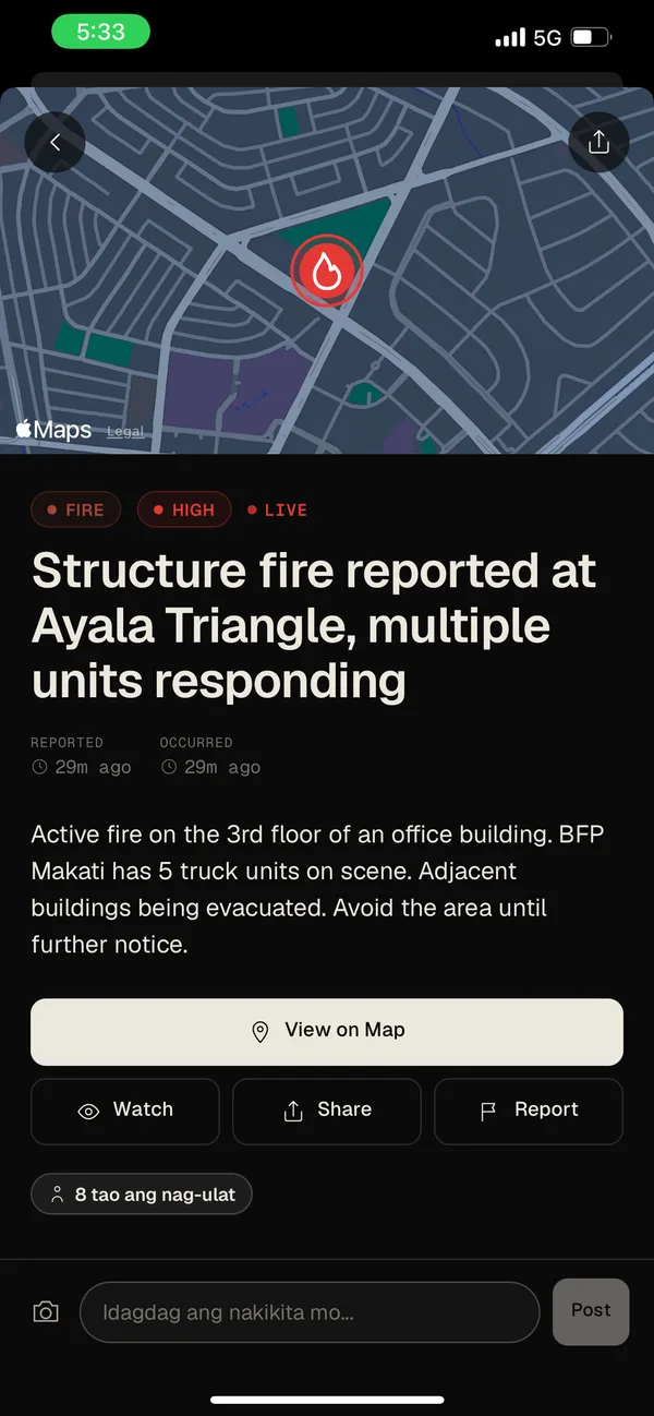 Incident detail for a structure fire, marked high severity and live